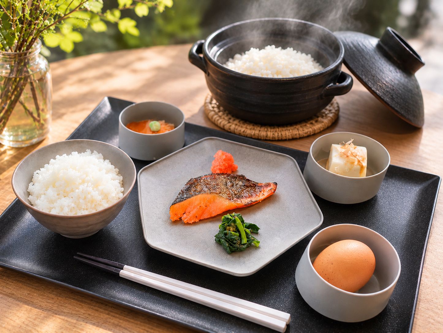 A meal setup with rice, fish, vegetables, and a bowl of soup on a tray.