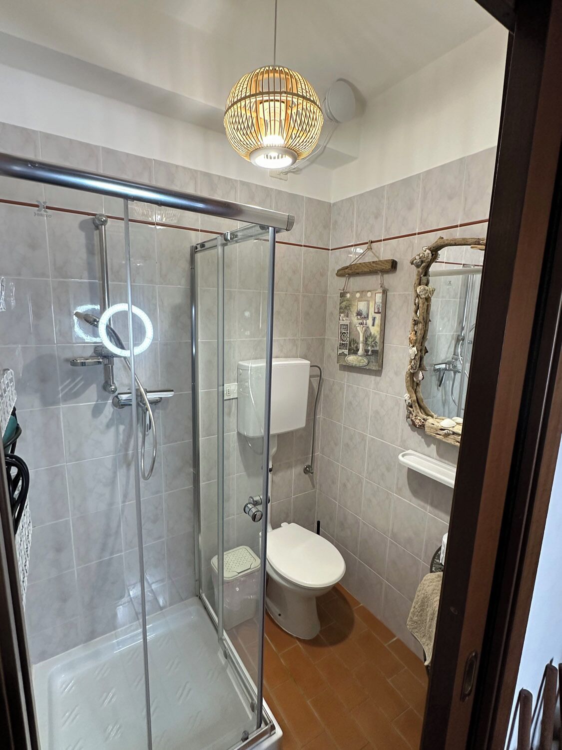 A modern bathroom with a glass shower enclosure, a toilet, and a vanity with a mirror.