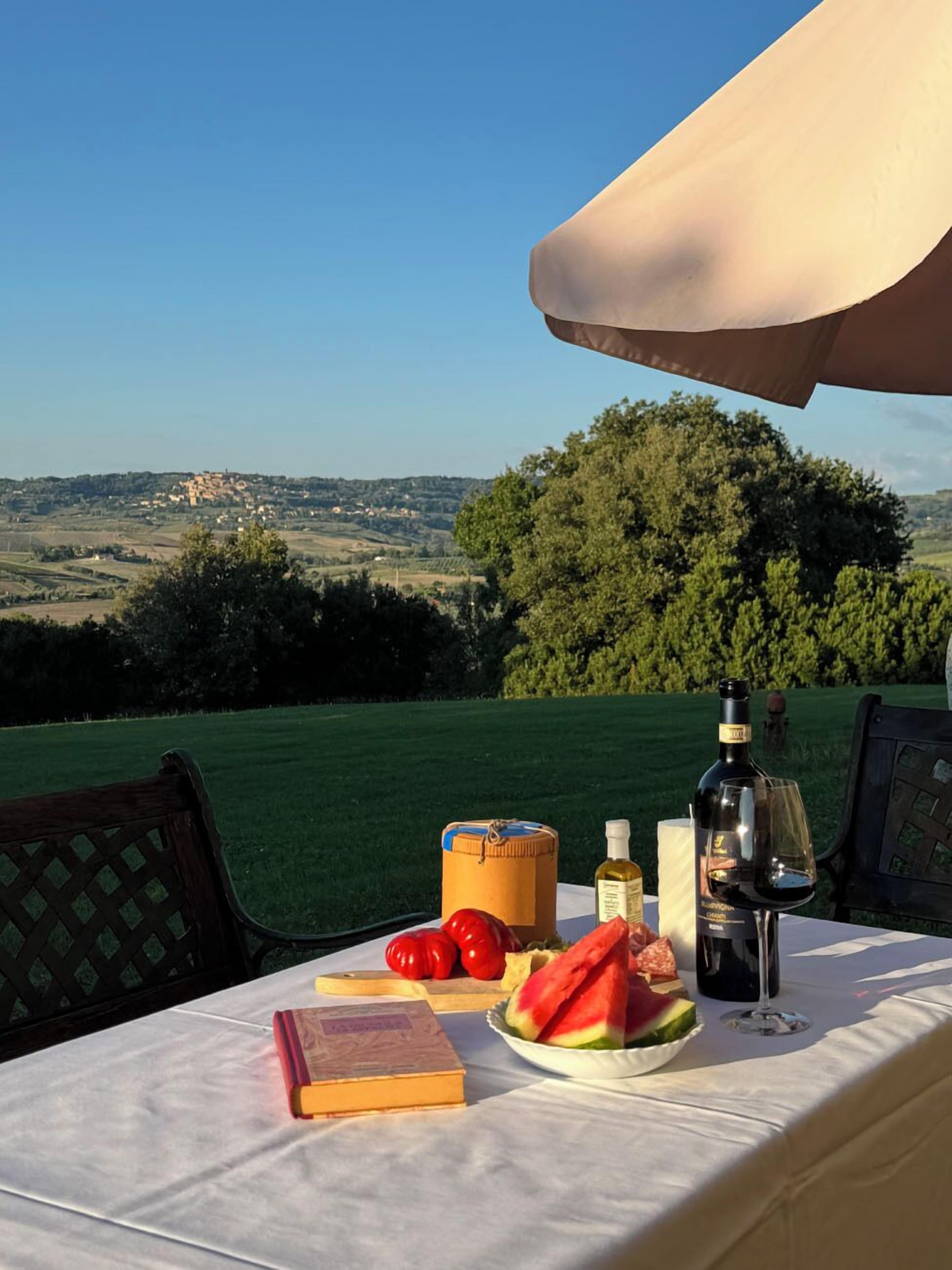 A table set outdoors with a view of a distant town, a book, a bottle of wine, and a watermelon.