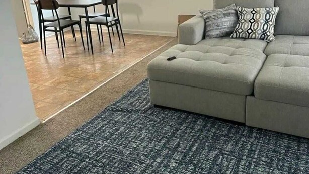 Un soggiorno con un divano grigio, un tappeto decorato, un tavolo da pranzo con sedie e un quadro appeso al muro.