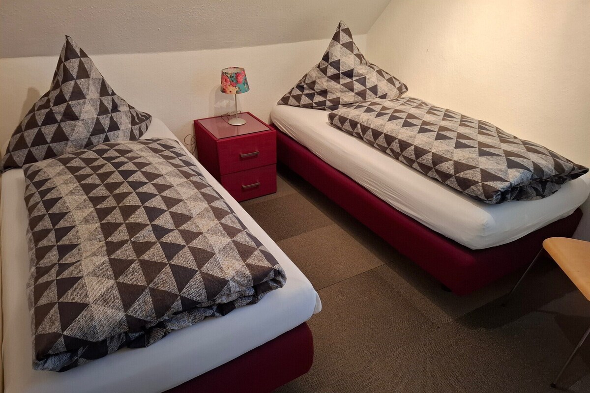 Ein Zimmer mit zwei Betten, jeweils mit gemusterten Bettbezügen und Kissen, einem kleinen Nachttisch mit Schubladen und einer Lampe.