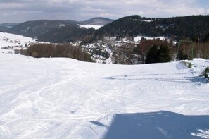 Schneebedeckte Landschaft mit Skipiste, Bäumen und fernen Bergen.