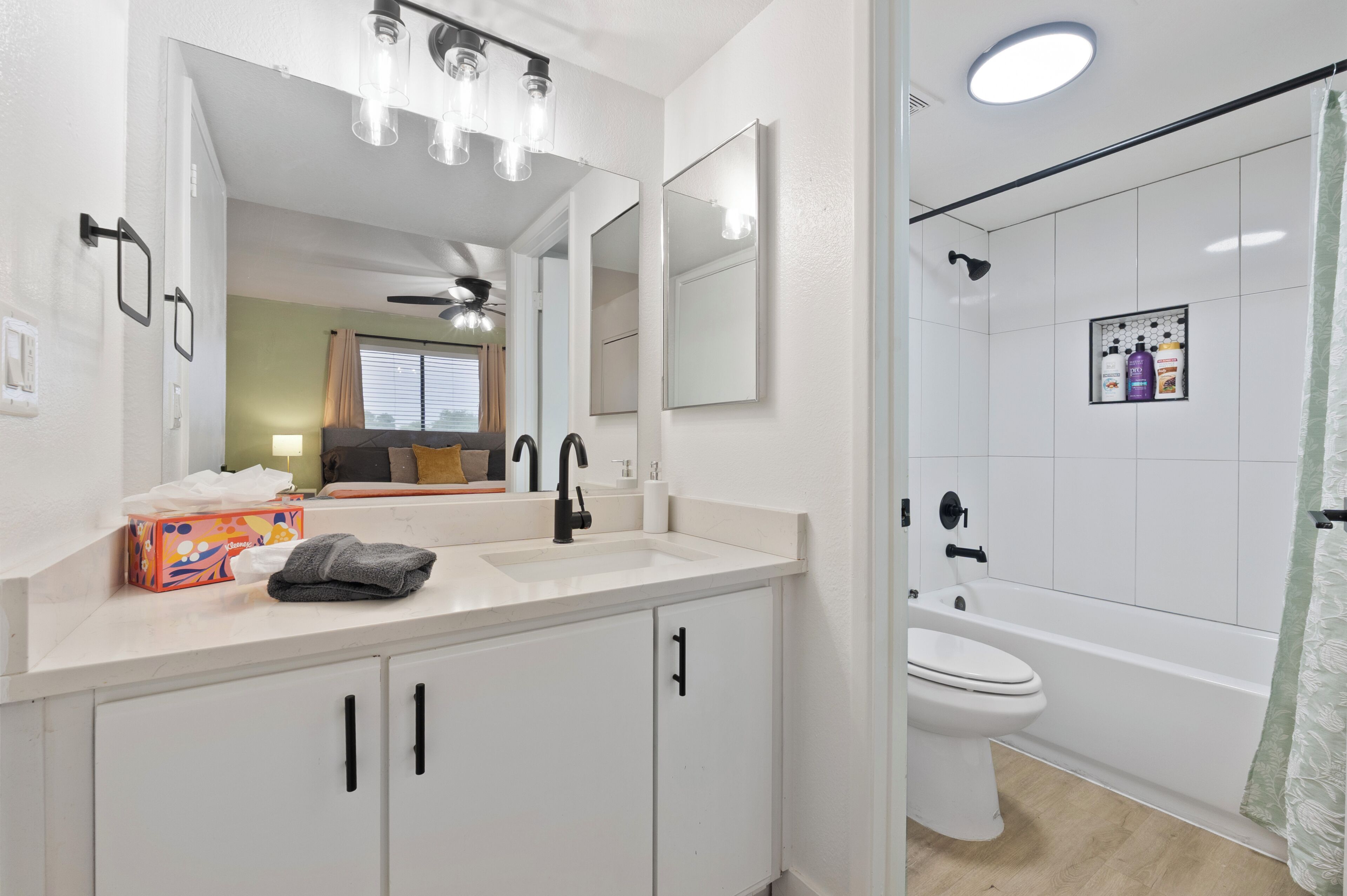 Hair dryer, towels, soap, shampoo