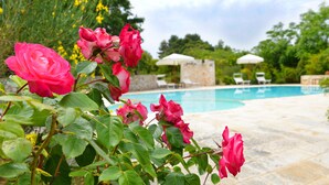 A pool area with a stone patio, surrounded by lush greenery and pink roses. - Room 'Corte Del Camedrio Lamia 2' with Shared Terrace, Wi-Fi and Air Conditioning (Ostuni)