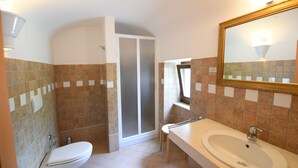 Een badkamer met toilet, wastafel, douche en een spiegel.