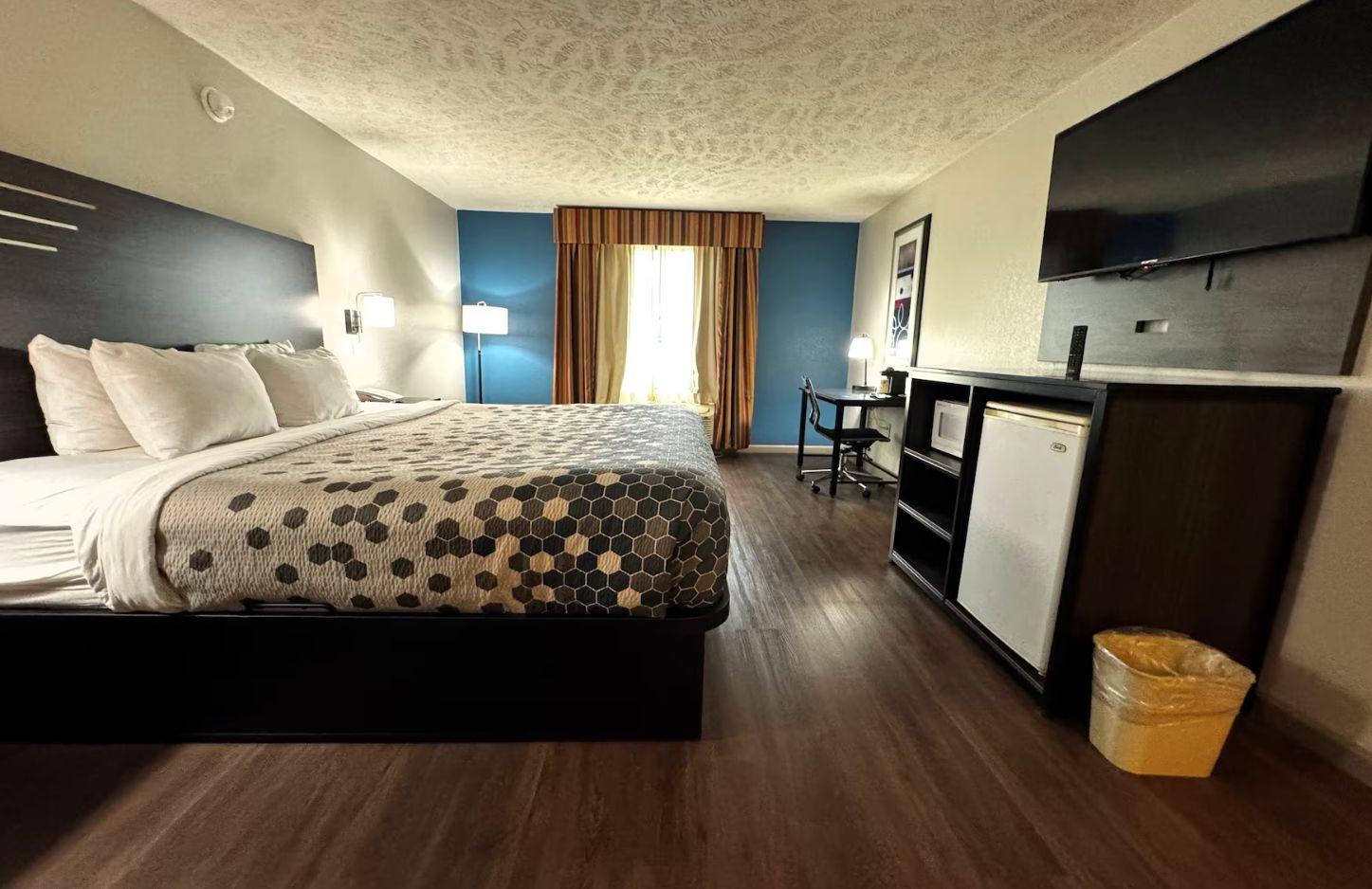 A hotel room with a bed, desk, chair, TV, and a trash bin.