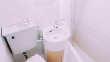 Combined shower/tub, hair dryer, towels, soap