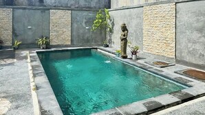 Piscina retangular com água cristalina, rodeada por paredes de pedra e plantas em vasos.