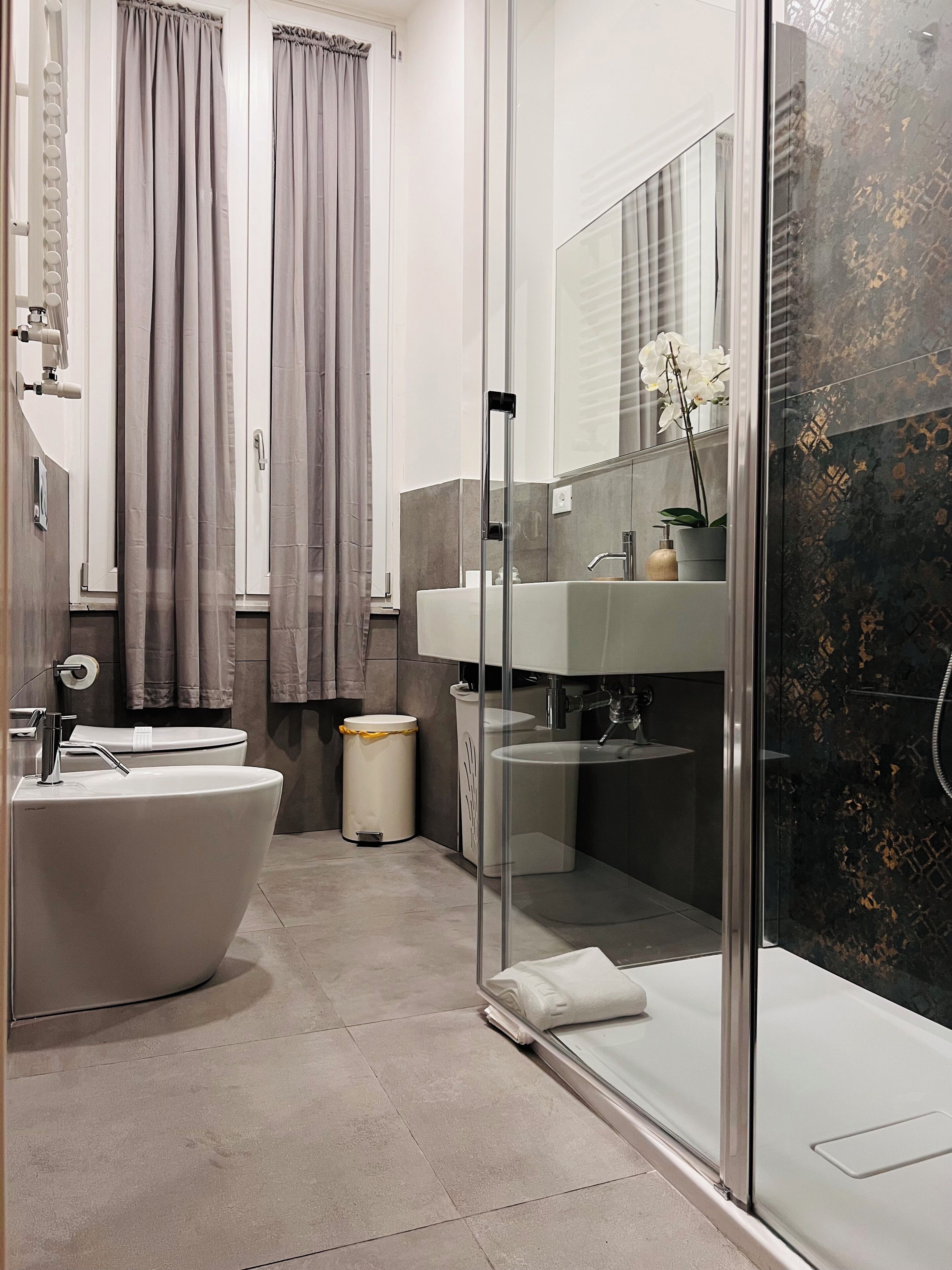 Hair dryer, bidet, towels, soap