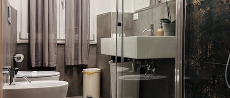 Hair dryer, bidet, towels, soap