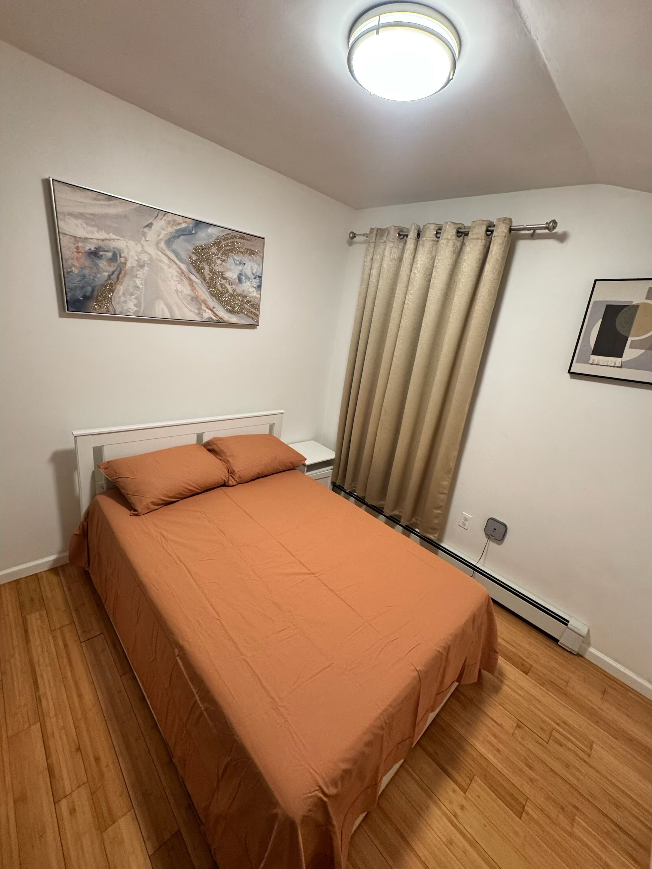 Un dormitorio con cama, luz en el techo, ventana con cortinas e imagen colgada en la pared.