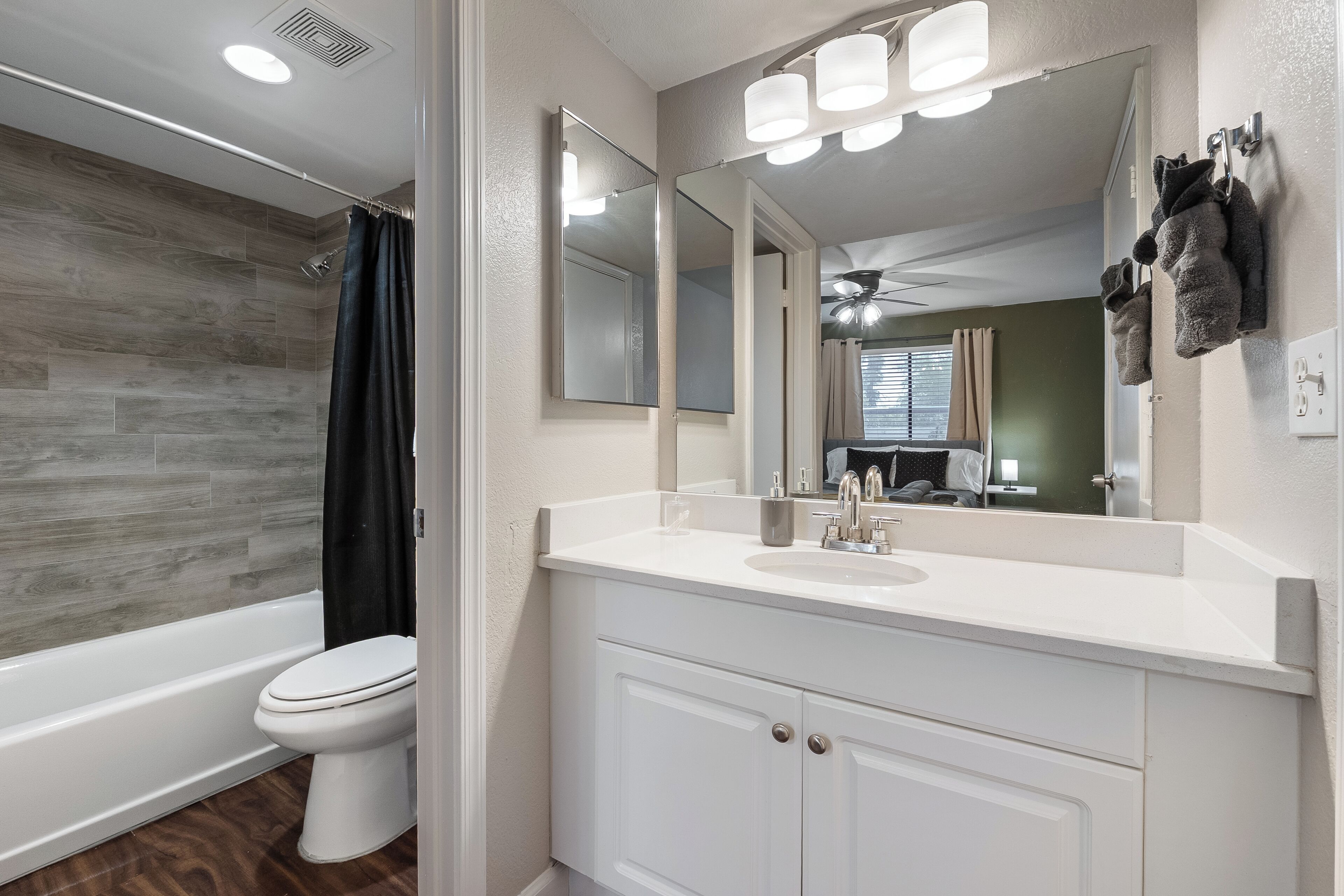 Hair dryer, towels, soap, shampoo