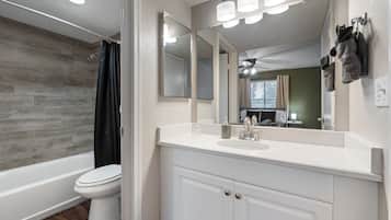 Hair dryer, towels, soap, shampoo