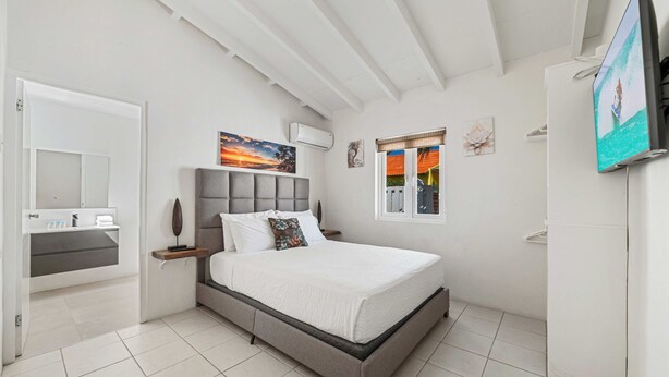 Een slaapkamer met een bed, een televisie, een raam en een deur.