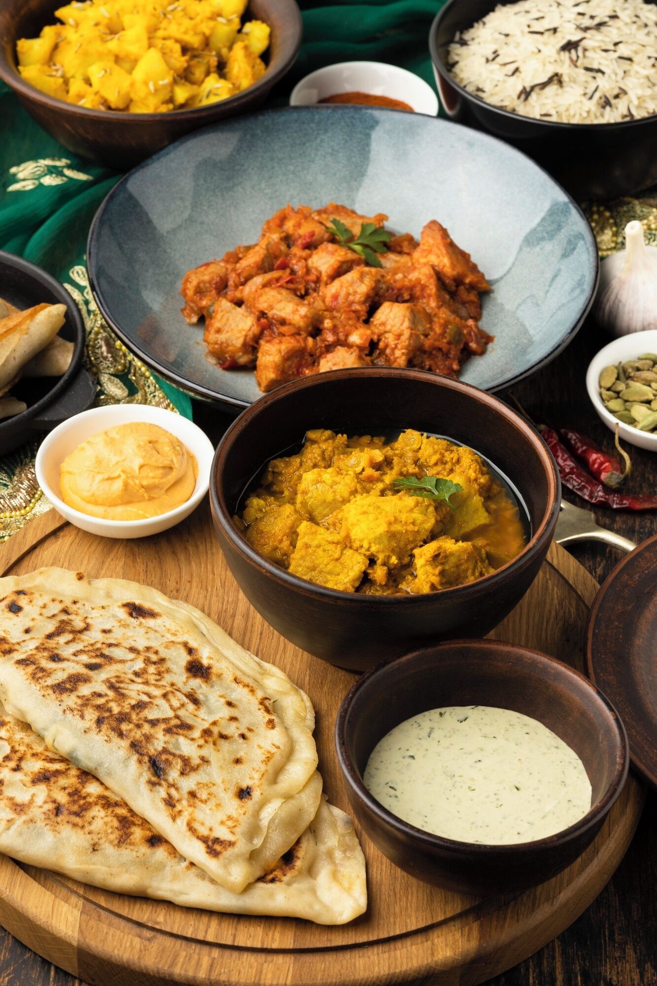 Un assortiment de plats comprenant un plat de curry, des galettes et du riz.