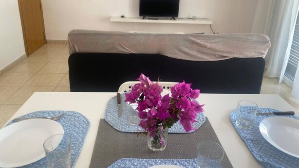 A room with a television on a shelf, a sofa, a dining table with placemats, a vase with flowers, and a door. - Ayres, Simple Apartment (El Vendrell)