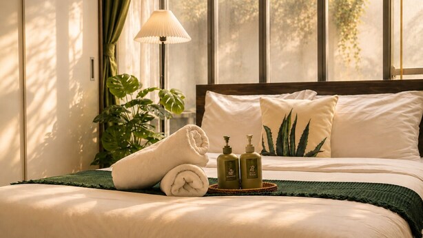 A neatly made bed with a green throw blanket, two bottles of shampoo, and a rolled towel. - La Yen Homes (Ho Chi Minh City)