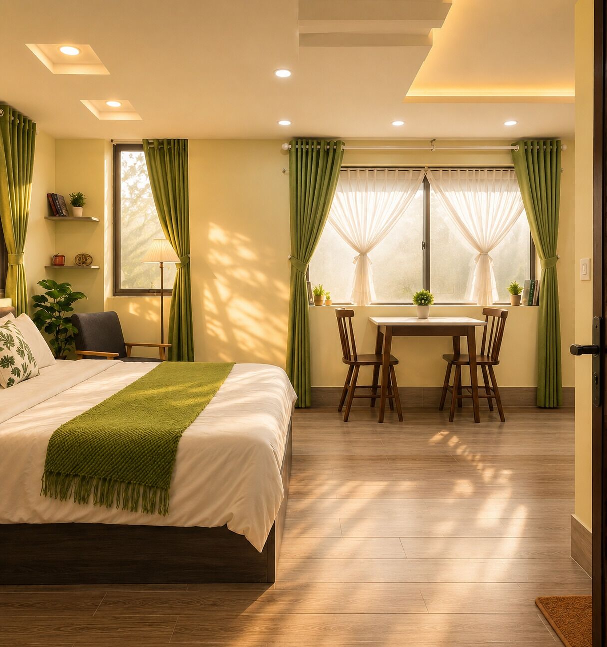 A bedroom with a bed, a desk, and a chair, a window with curtains, and a bedside table with a lamp.