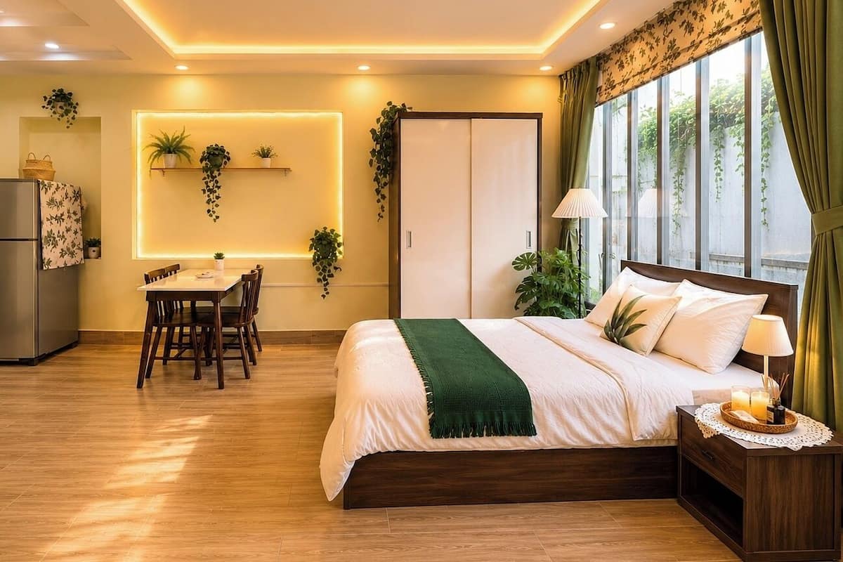Studio Tiêu chuẩn | Bộ đồ giường cao cấp, bàn, màn/rèm cản sáng 