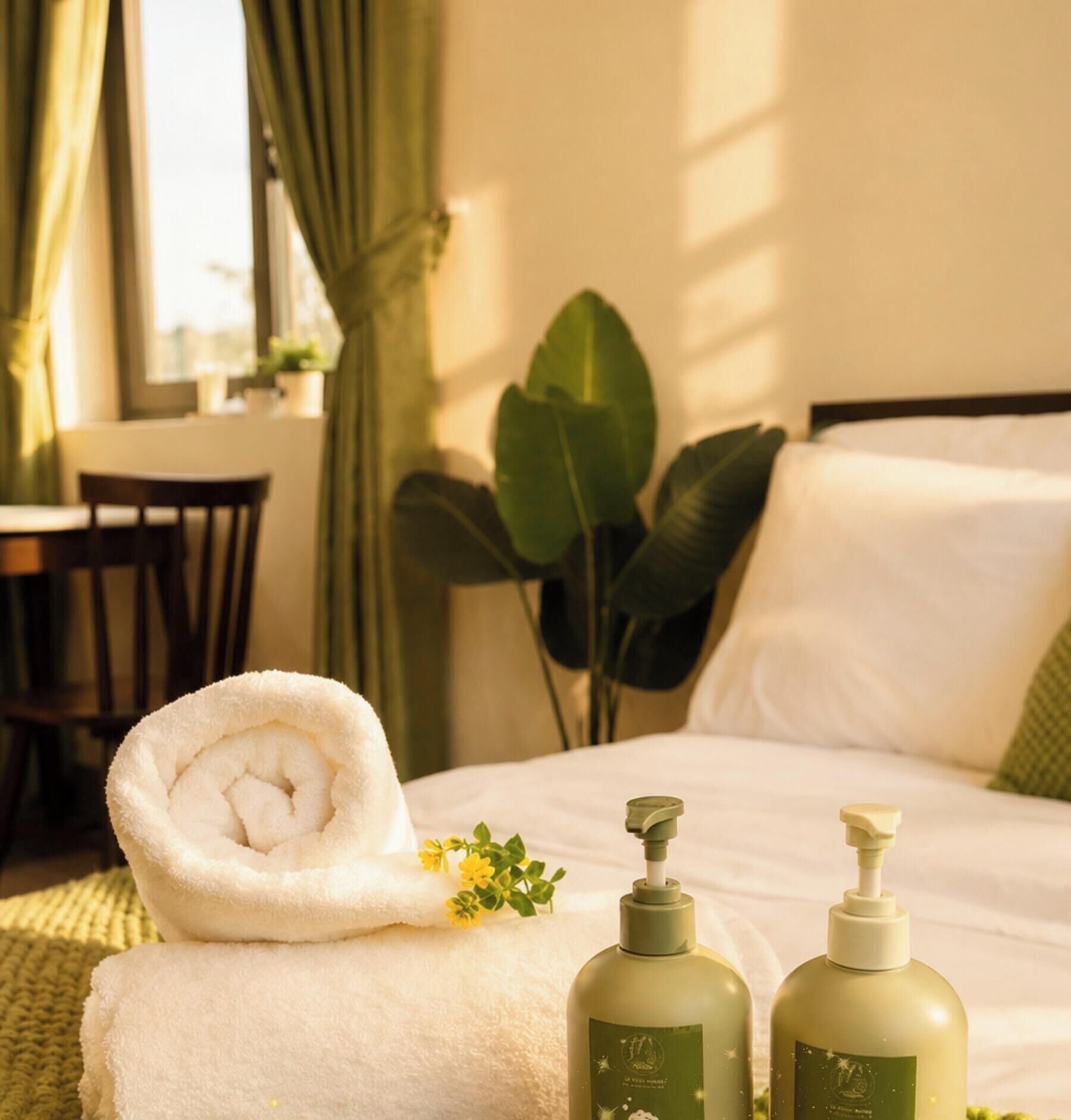 Una cama bien hecha con una toalla blanca enrollada, dos botellas de loción y una planta verde a un lado.