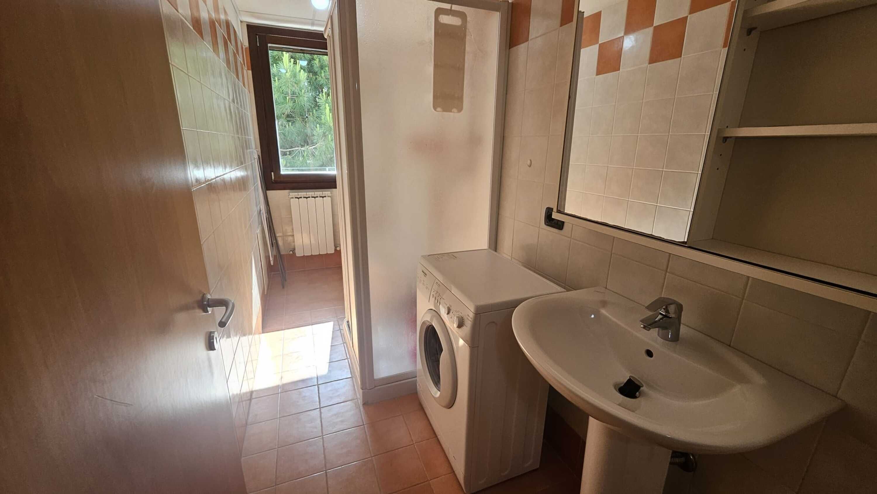 A bathroom with a washing machine, sink, and a view of the outside.