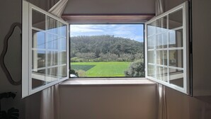 Una habitación con ventana que da a un campo verde y árboles.