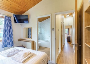 A bedroom with a bed, a TV, a mirror, and a bathroom with a shower and toilet.