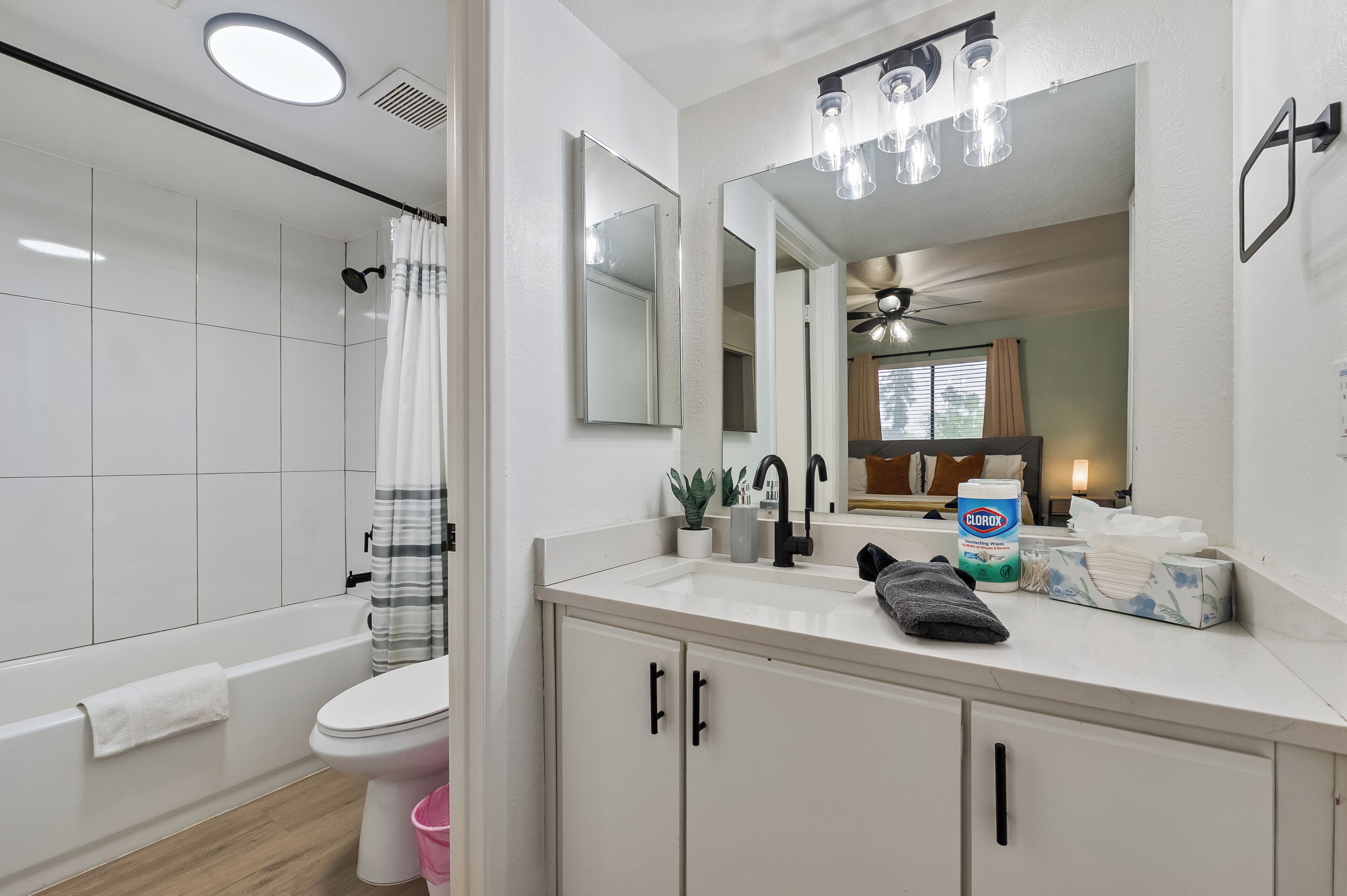 Hair dryer, towels, soap, shampoo