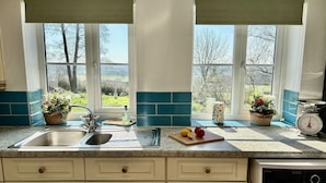Una cocina con dos ventanas, un lavabo, lavadora y encimera con tabla de cortar, limones y tomate.