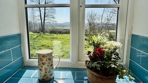 Una ventana con vistas a un paisaje verde, una taza con flores y una planta en maceta.