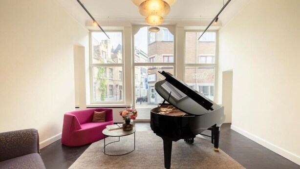 A grand piano in a living room with large windows, a pink sofa, and a coffee table with flowers. - The Piano Guesthouse - Kwaadham 52 (Ghent)
