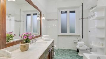 Bañera con ducha, secador de pelo, bidet, toallas