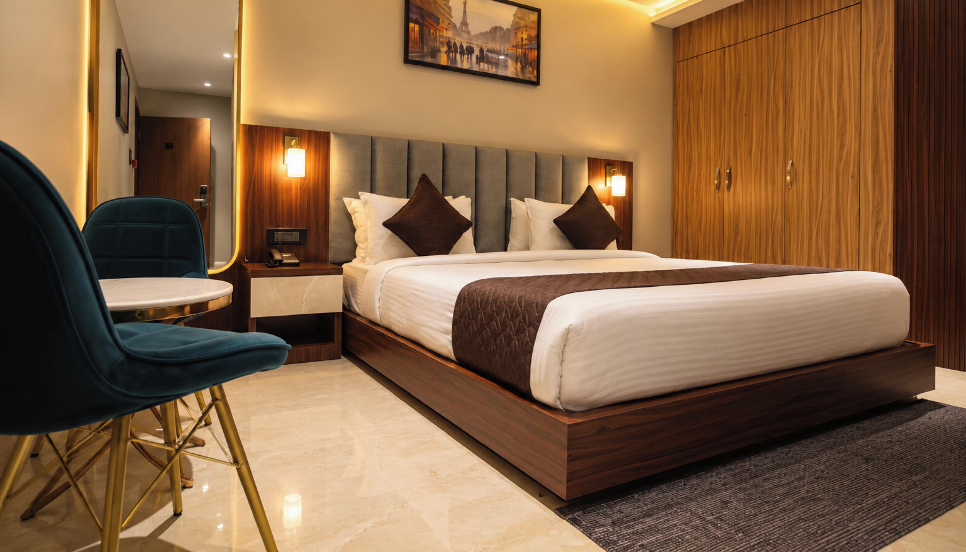 Een hotelkamer met een bed, nachtkastje, lamp, stoel en garderobe.