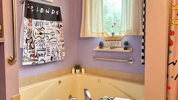 Jetted tub, hair dryer, towels, soap