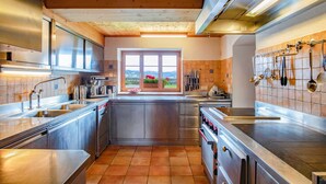 A modern kitchen with stainless steel appliances, a large window with a view, and a wooden ceiling. - Golmerhaus (Tschagguns)