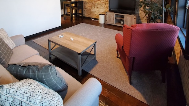 Ein Wohnzimmer mit einer Couch, einem Couchtisch, einem Fernseher und einer Pflanze.