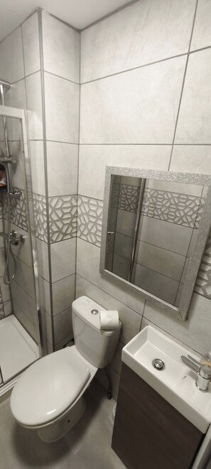 Un baño con inodoro, lavabo y ducha.