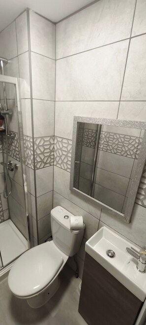 Un baño con inodoro, lavamanos y ducha.