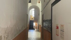 Un pasillo con una escalera, paredes blancas y señales de salida de emergencia.