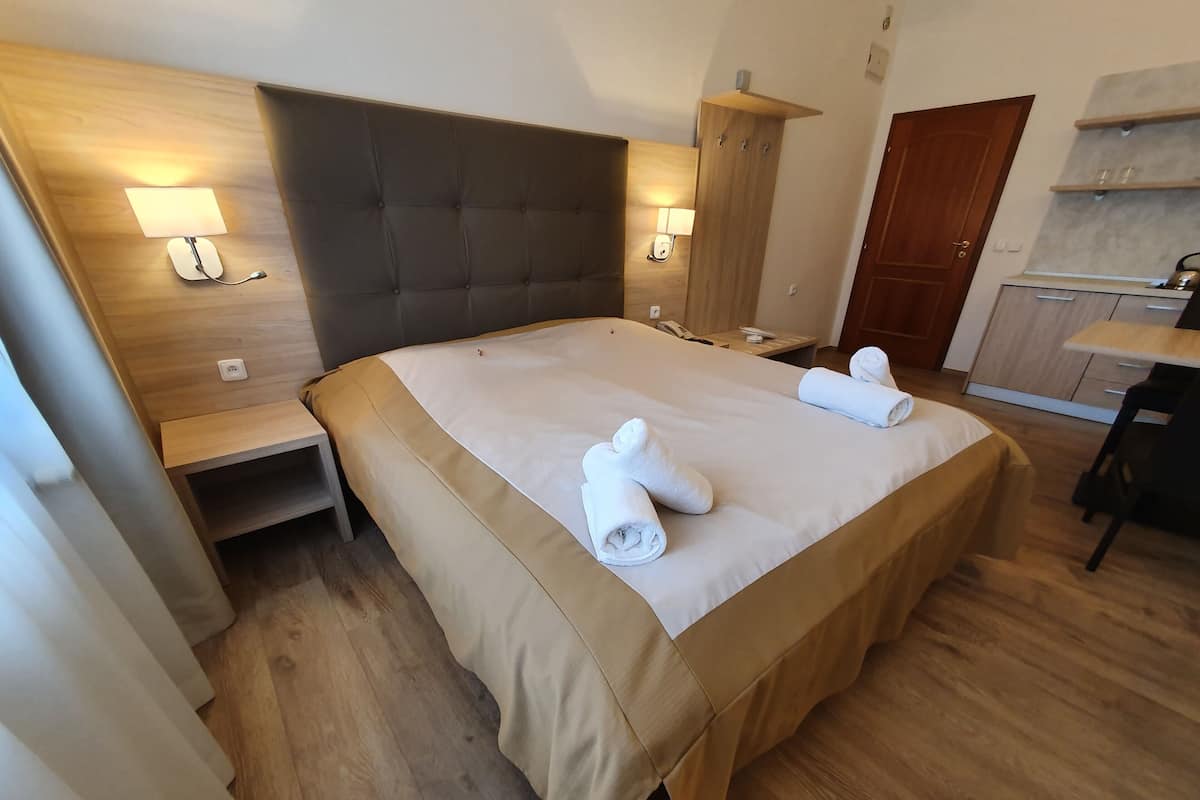 Habitación de hotel con una cama grande, mesitas de noche, cabecera de madera, un escritorio y un armario.