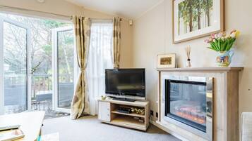 A living room with a TV, fireplace, and large windows.