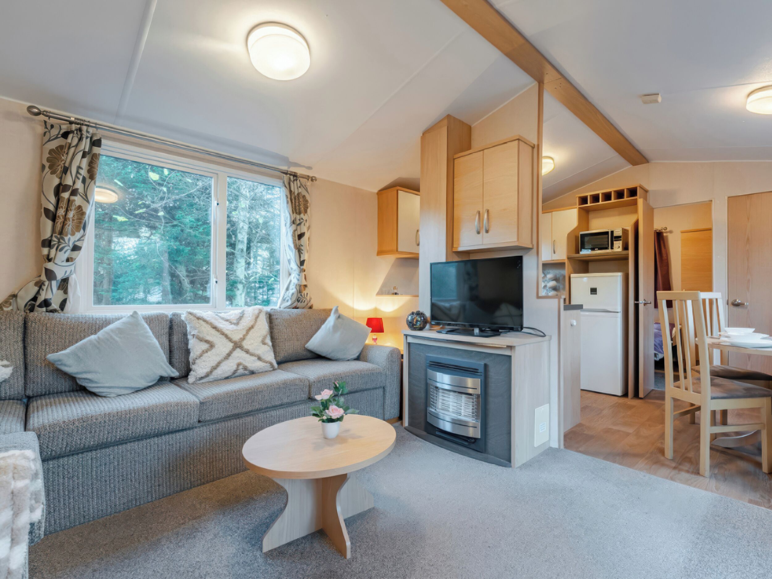 A compact living space with a sofa, a small table, a TV, a microwave, and a refrigerator.