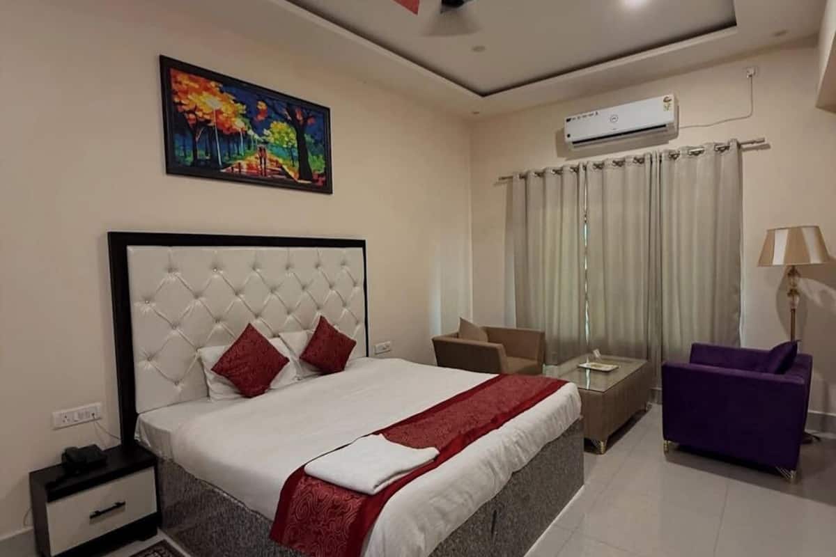 Ein Schlafzimmer mit Bett, Nachttisch, Stuhl, violettem Sofa, einem Gemälde und Deckenventilator.