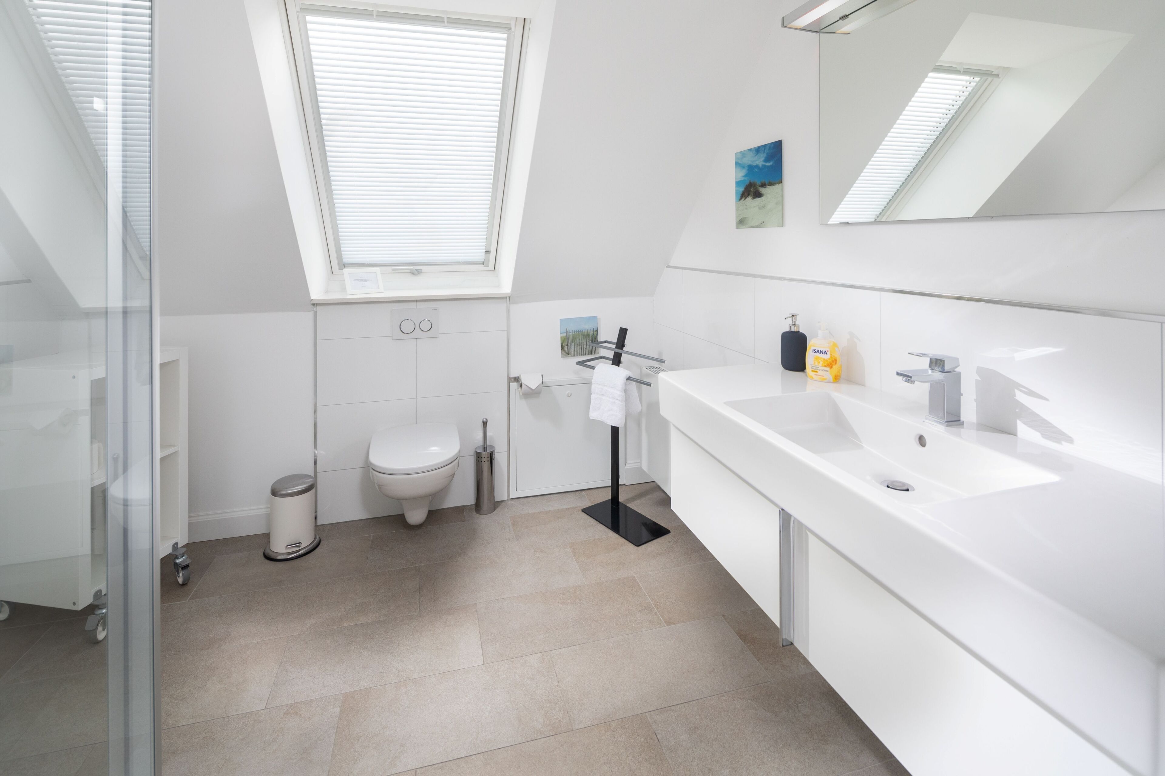 A modern bathroom with a skylight, a large sink, and a toilet.
