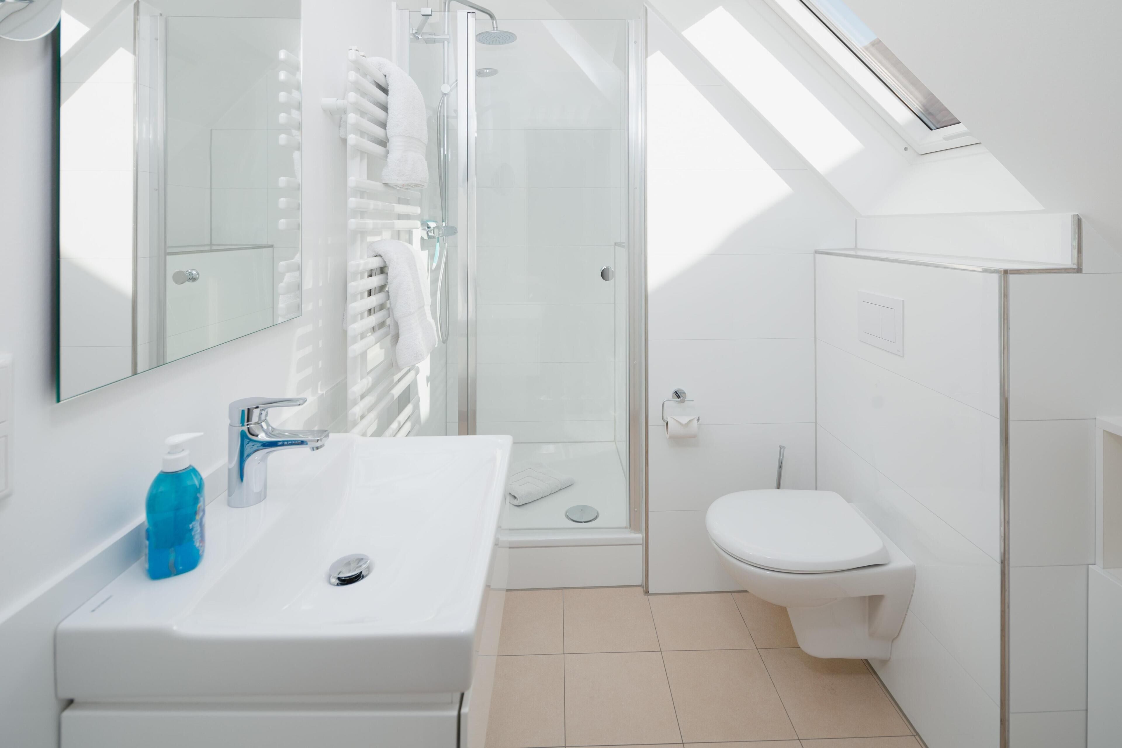 Ein modernes Badezimmer mit einer Duschkabine aus Glas, einem weißen Waschbecken und einer Toilette.