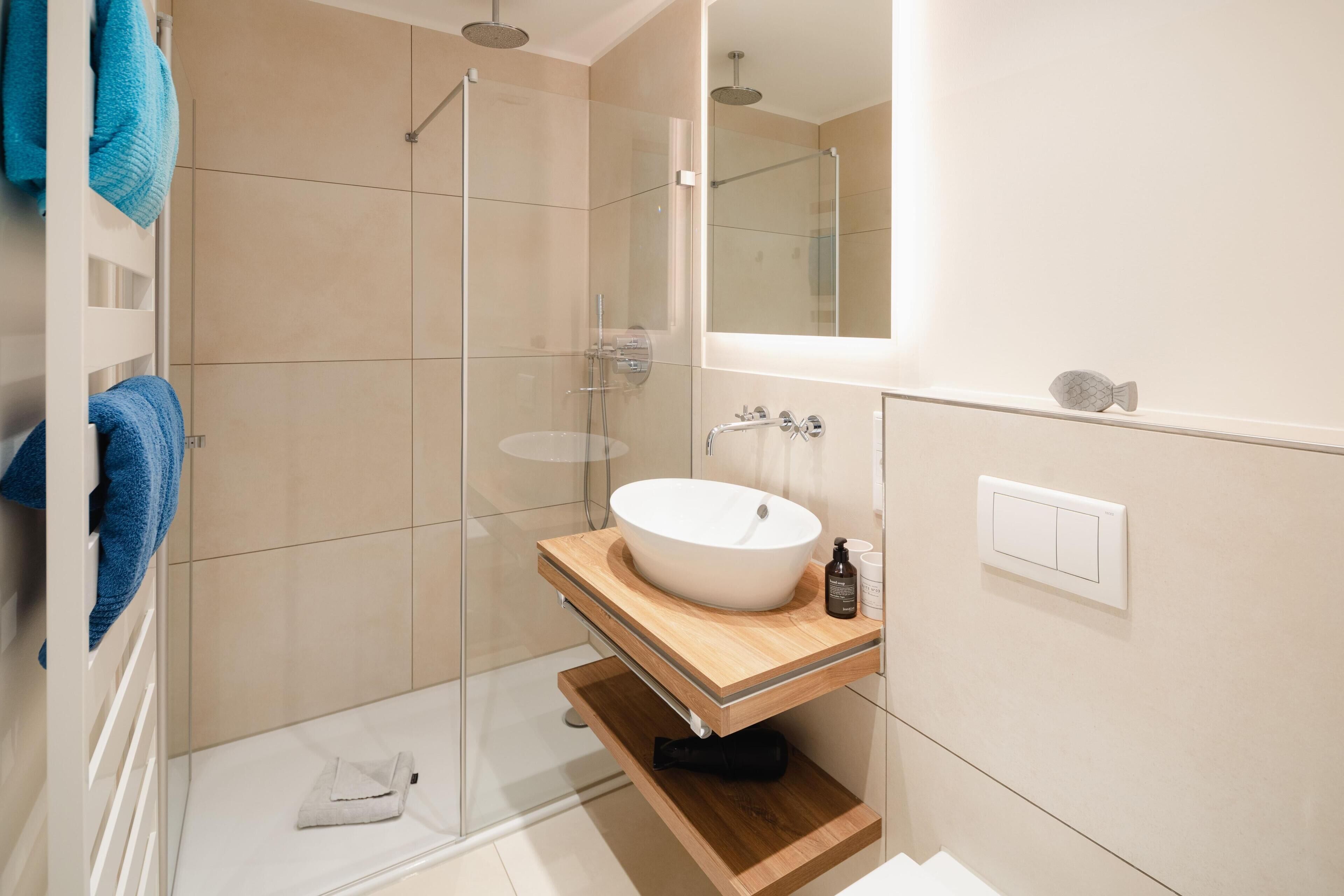 Shower, hair dryer, towels