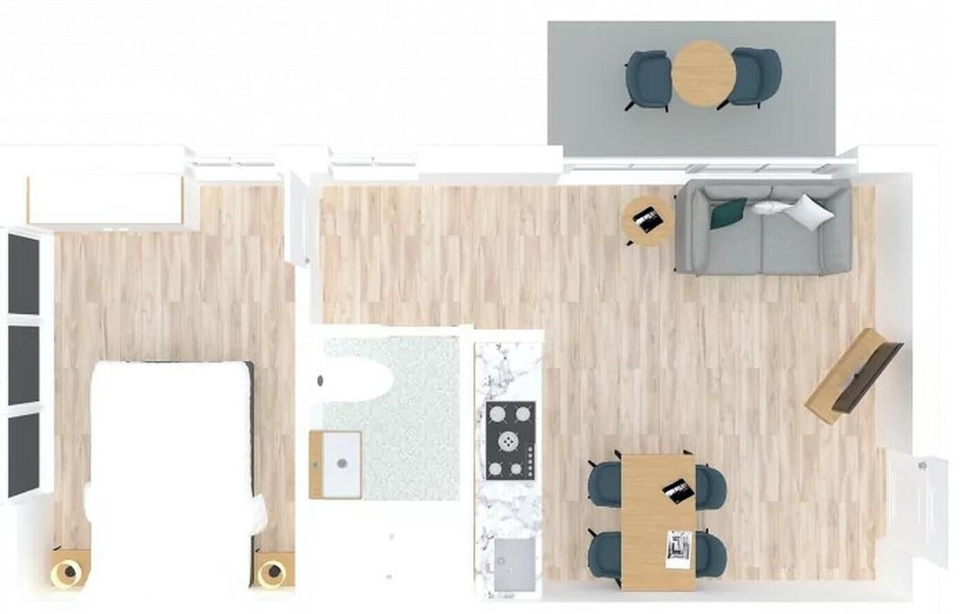 A hotel room layout with a bed, a small kitchen area, a seating area with a table and chairs, and a separate dining area.