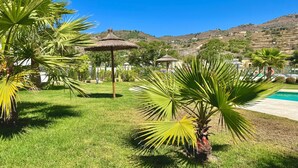 A grassy area with palm trees and a pool. - Beach Apartment with Pool, Terrace & Parking (Velilla-Taramay)