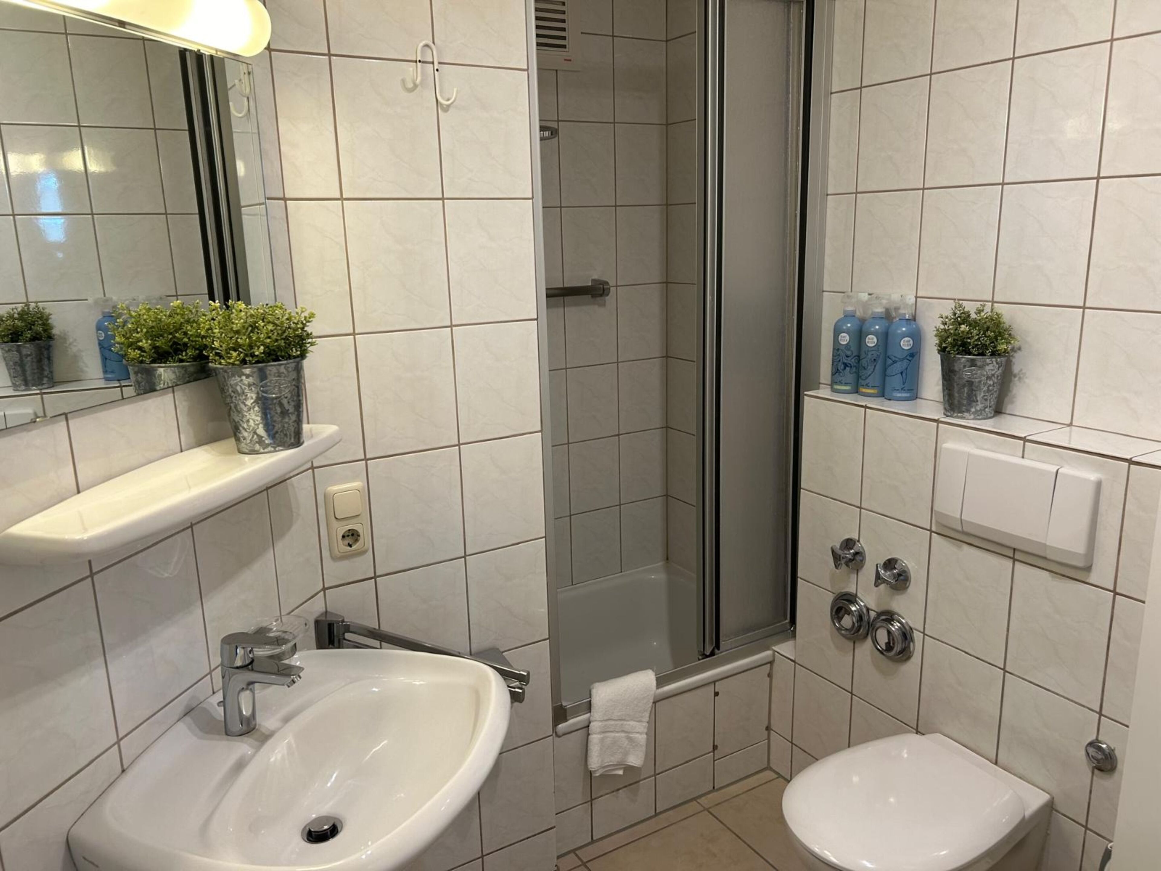 Un bagno con lavandino, bidet e doccia. Ci sono piante in vaso sugli scaffali e articoli da toilette sul ripiano.