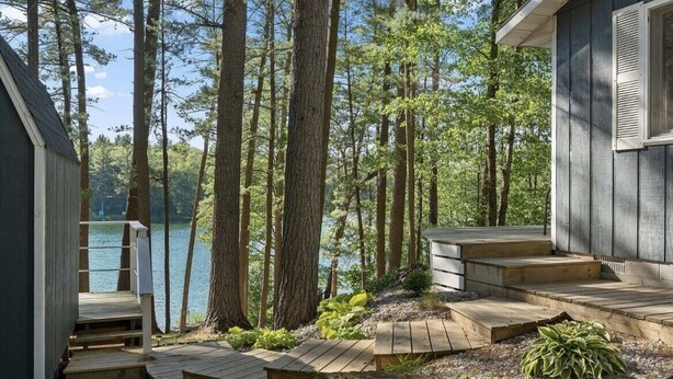 Eine Holzhütte mit einer Terrasse, die zu einem See führt, umgeben von hohen Bäumen.